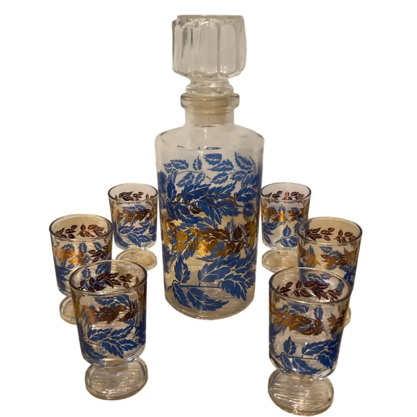 🎉Vintage Luminarc Cobalt Blue & Gold Decanter Shot Glass Set