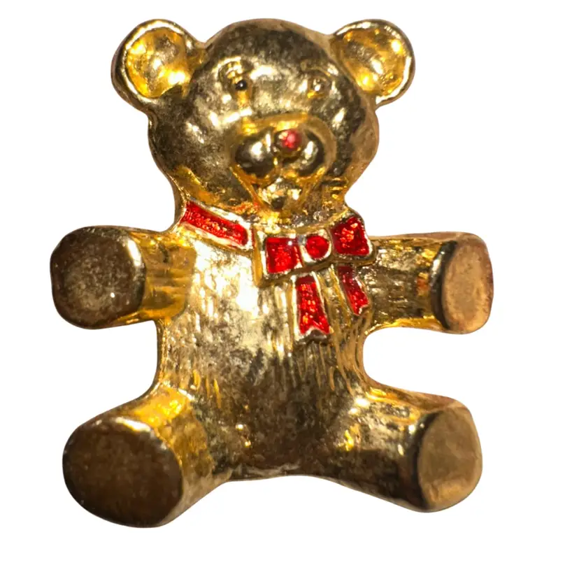 Gold Tone Christmas Teddy Bear Brooch Pin