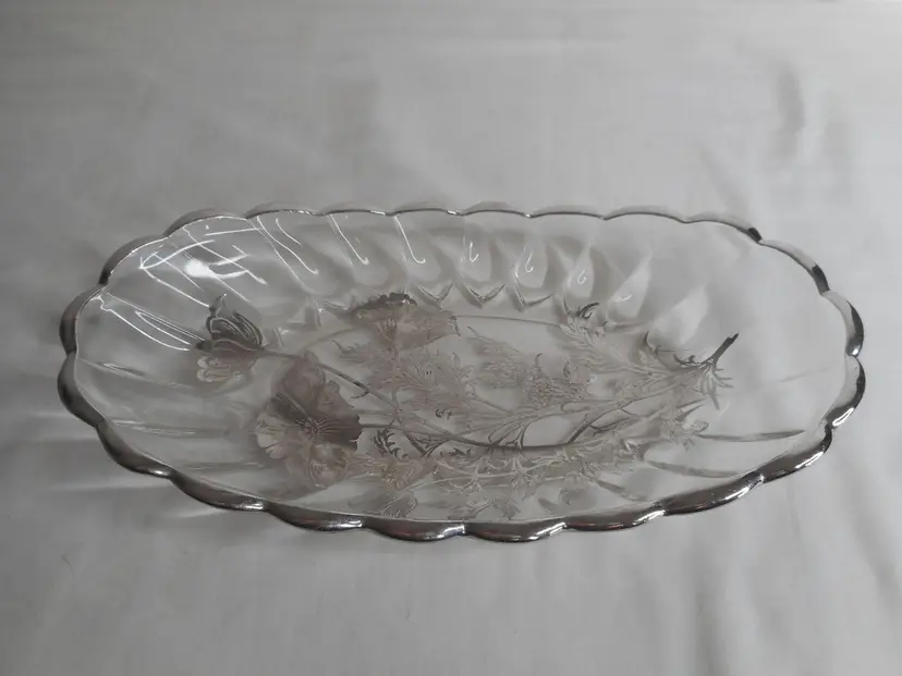 Vintage Silver City Glass Flanders Clear Poppy Sterling Silver Overlay Oval Platter Floral trinket dish nut candy celery
