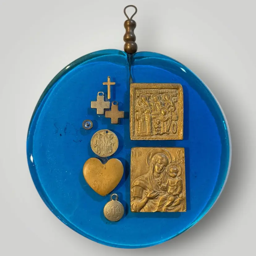 Vintage Byzantine Blue Art Glass Wall Plaque Bronze Icon Religious Charms Amulet