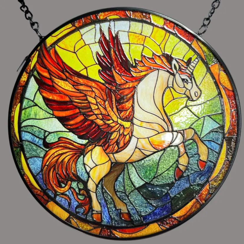 Stained Glass Style 6” Winged Pegasus Unicorn Suncatcher - Mythical Pegacorn Round Window Panel with Black Chain *TINY CHIP*