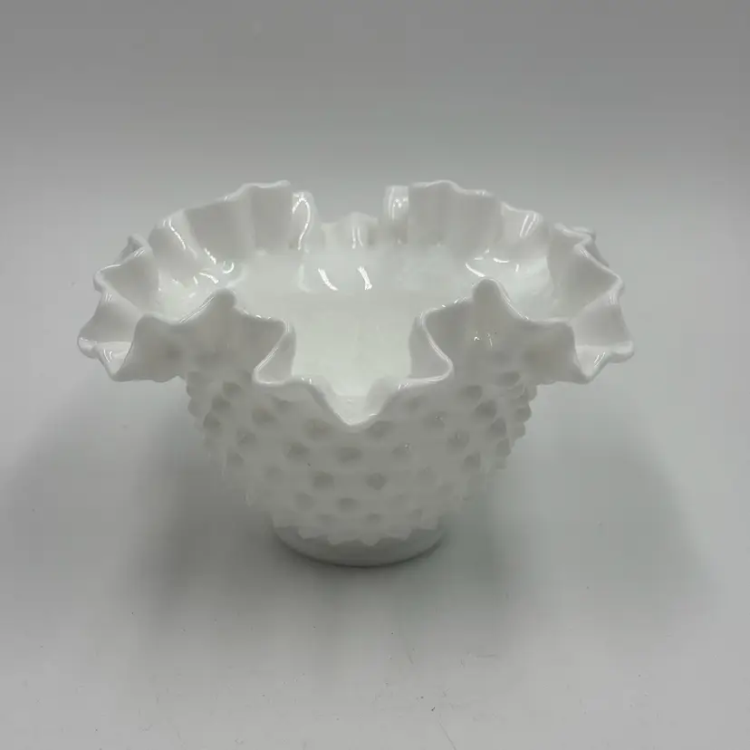 Vintage Fenton White Milk Glass Hobnail Rose Bowl Ruffled Candy Dish