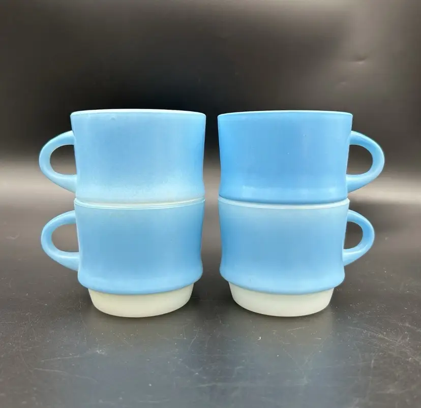 Fire-King Blue Mosaic Stackable C Handle Mugs Anchor Hocking Set of 4 USA