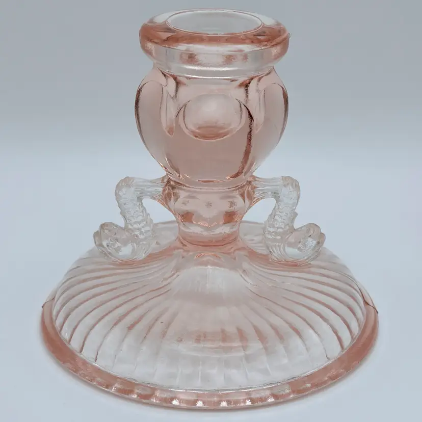 Vintage, Soft Pink, Depression Glass, Koi Fish, Candlestick Holder, 3 3/4” Tall