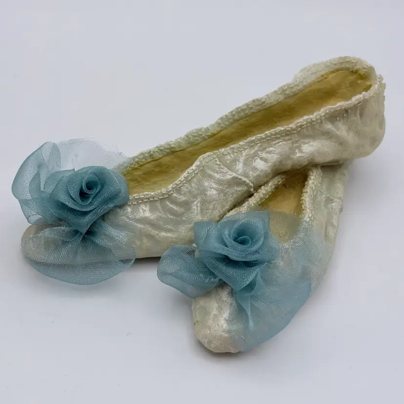 Vintage Realistic Resin Ballet Slippers, Blue Ribbons, Golden Shine. Very sweet!