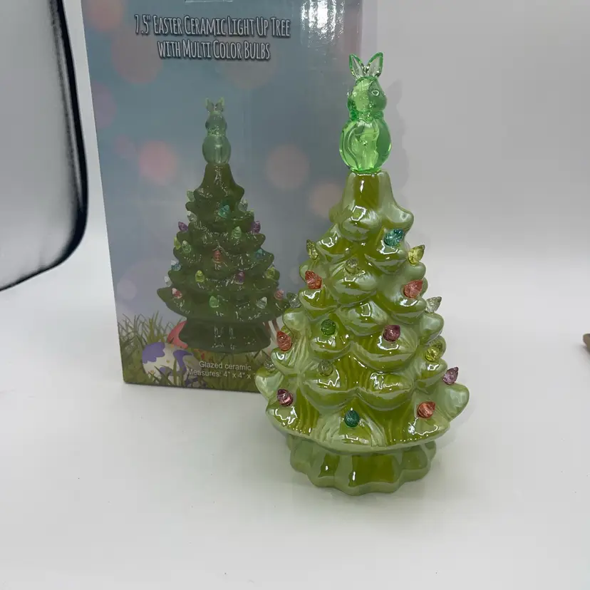 7.5 Inch Easter Ceramic Light Tree With Bunny, Rabbit Tree Topper