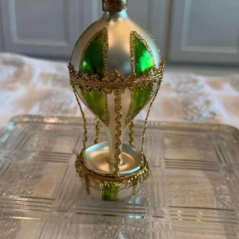 Vintage Mercury Glass Hot Air Balloon Christmas Ornament Silver Green W Gold Accents