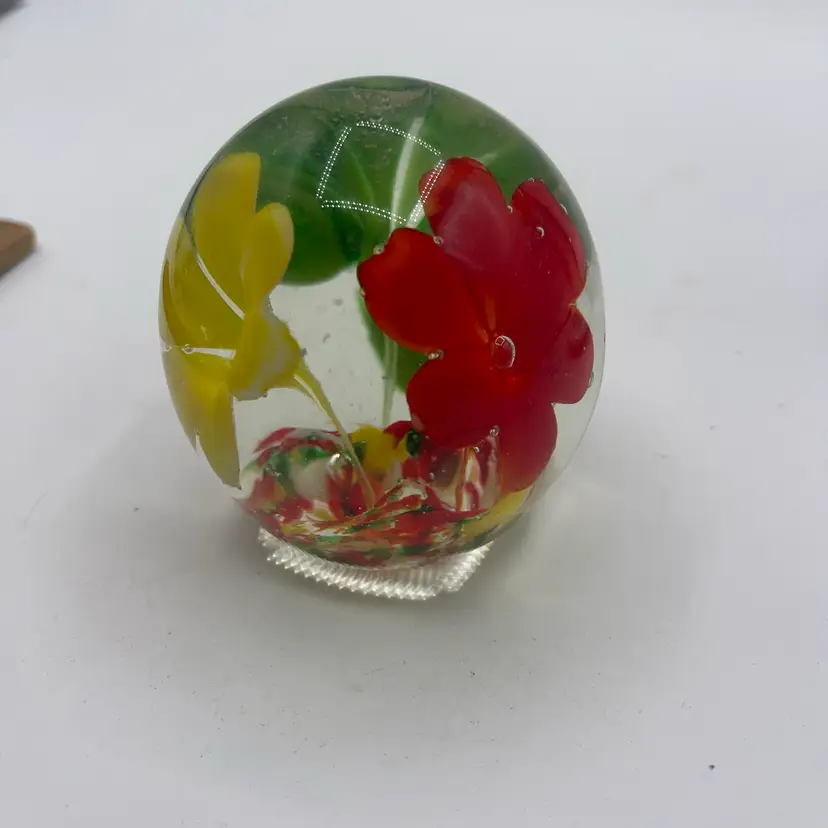 Large Floral Paperweight, Orange Yellow Green 3 Inches Tall