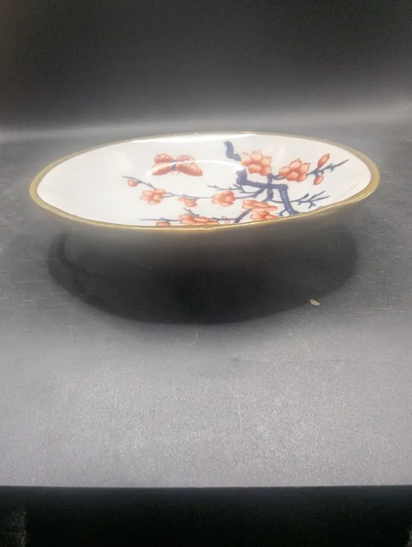 Vintage Hand Painted Japanese Plate Porcelain And Brass Cherry Blossom Design.