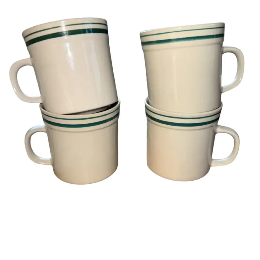 Stoneware Mugs by Newcor- Set of 4 Vintage Off White Hunter Dark Green Trim