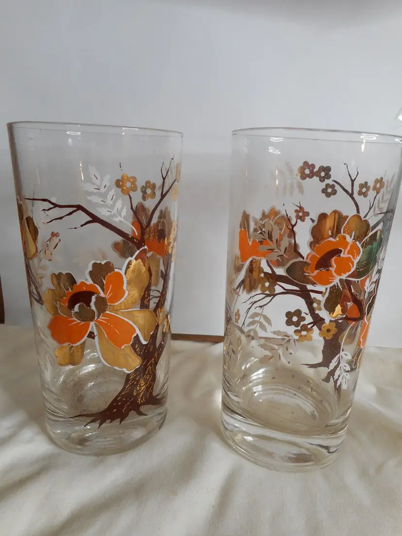 2 Vintage Culver Asian Lotus Tree Orange 22K gold floral Glasses #2