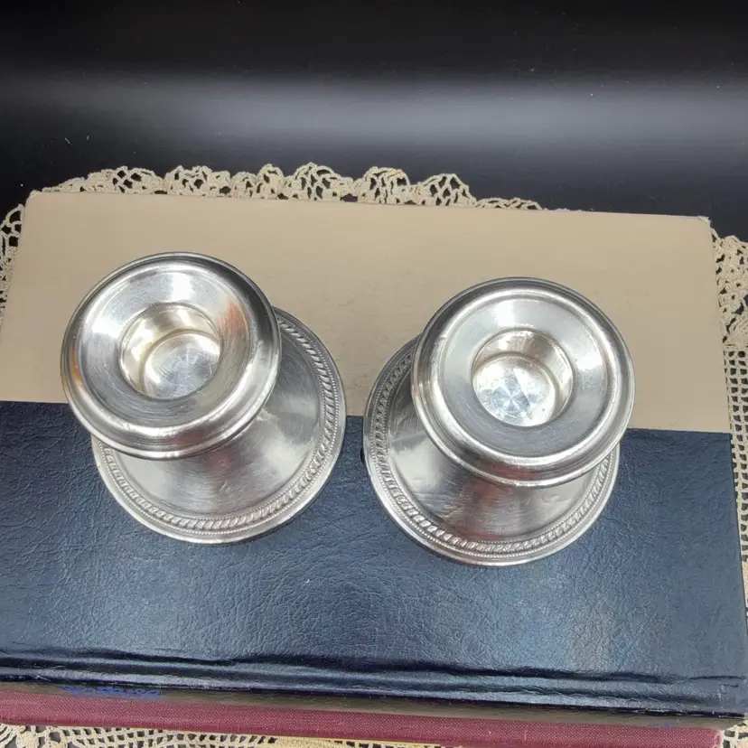 🐞 Antique Newburyport Silver Co. Sterling Weighted Candlestick Holders - Pair N.S. Co. Squat Console Candle Stands with Beaded Trim 
2.75x4”