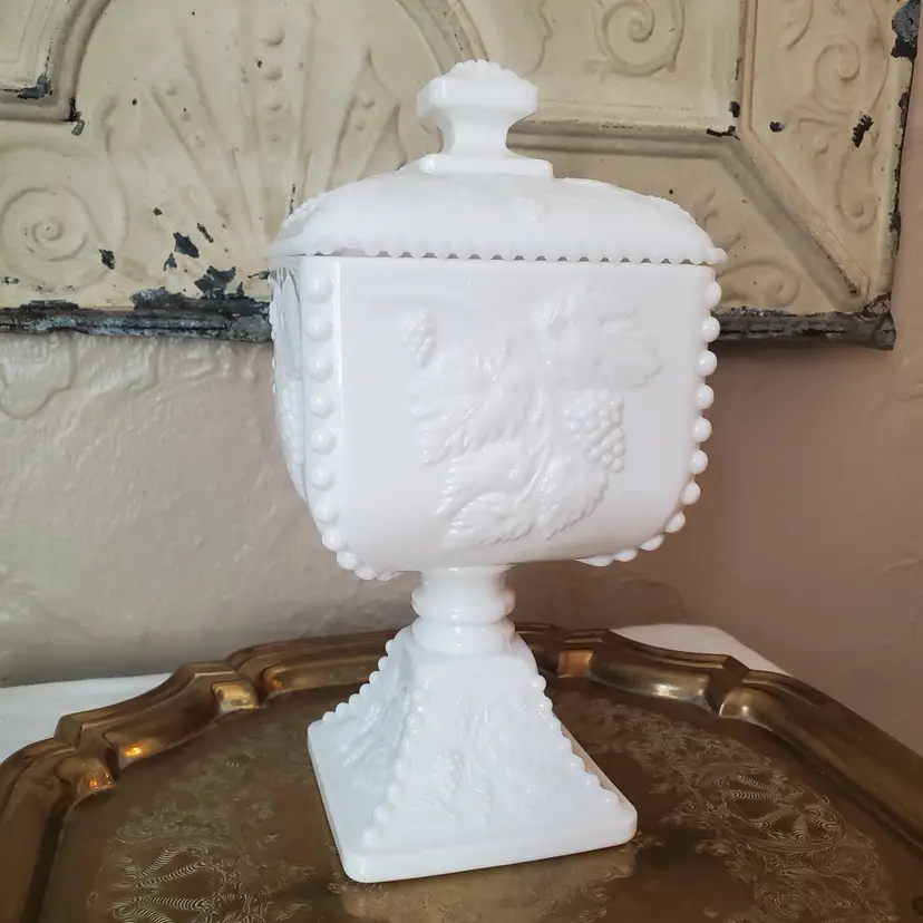 Westmoreland Square Milk Glass Pedestal Lidded Candy Dish