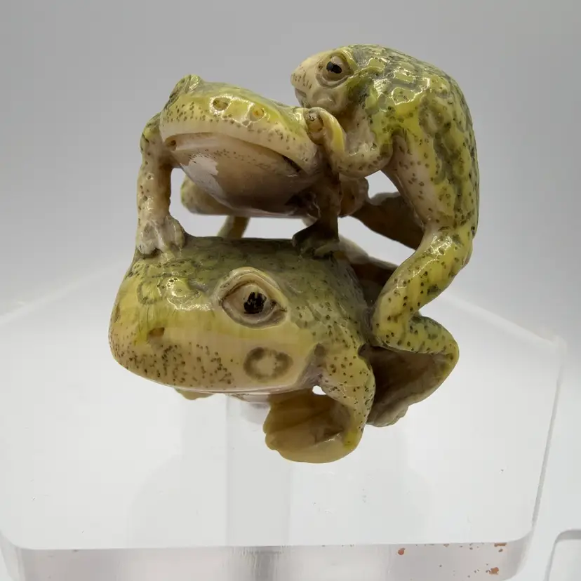 Japanese Intricate Hand Carved Frogs Signed