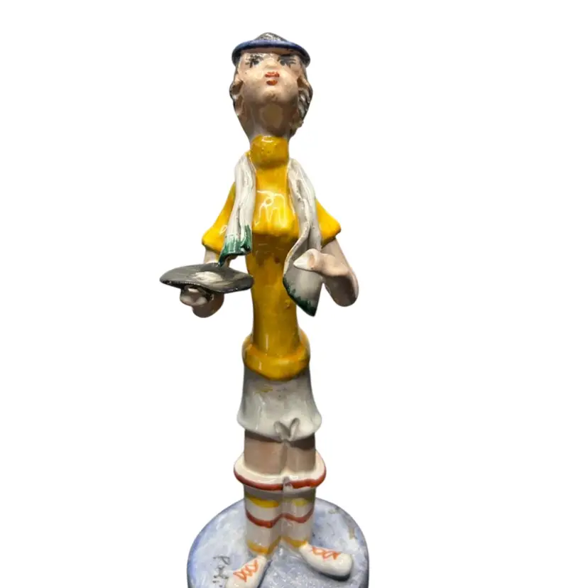 Vintage Poli Ceramic Hand Painted Girl With Tray Waitress @8 1/2” Tall