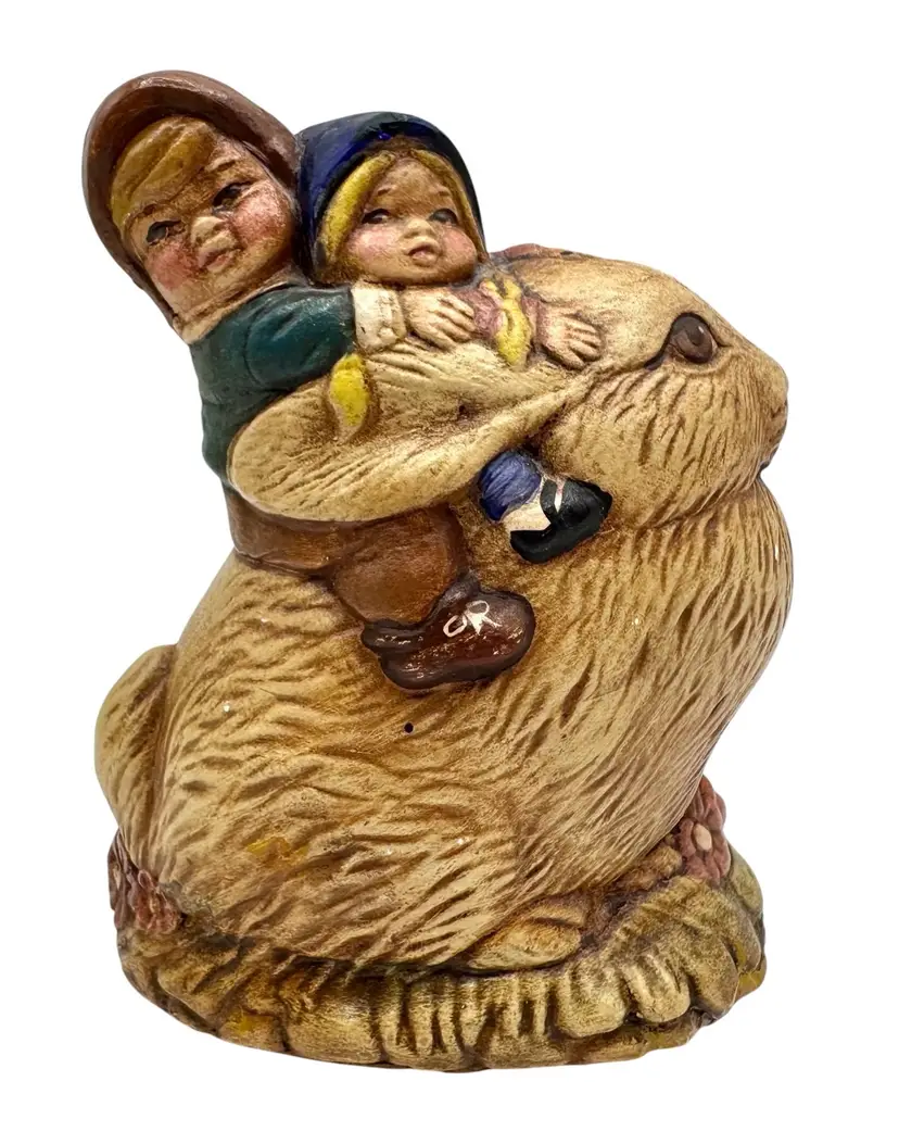 Vintage Hand Painted Chalkware Figurine Children Riding Bunny Rabbit 5”