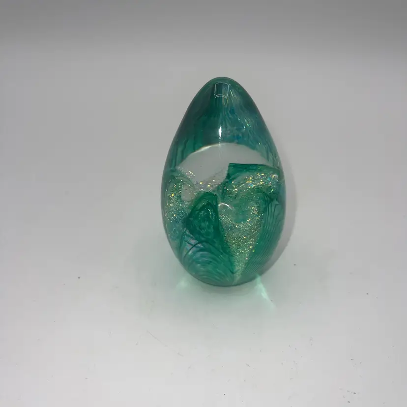 glass Eye Studio Egg Paperweight Controlled Bubble Green