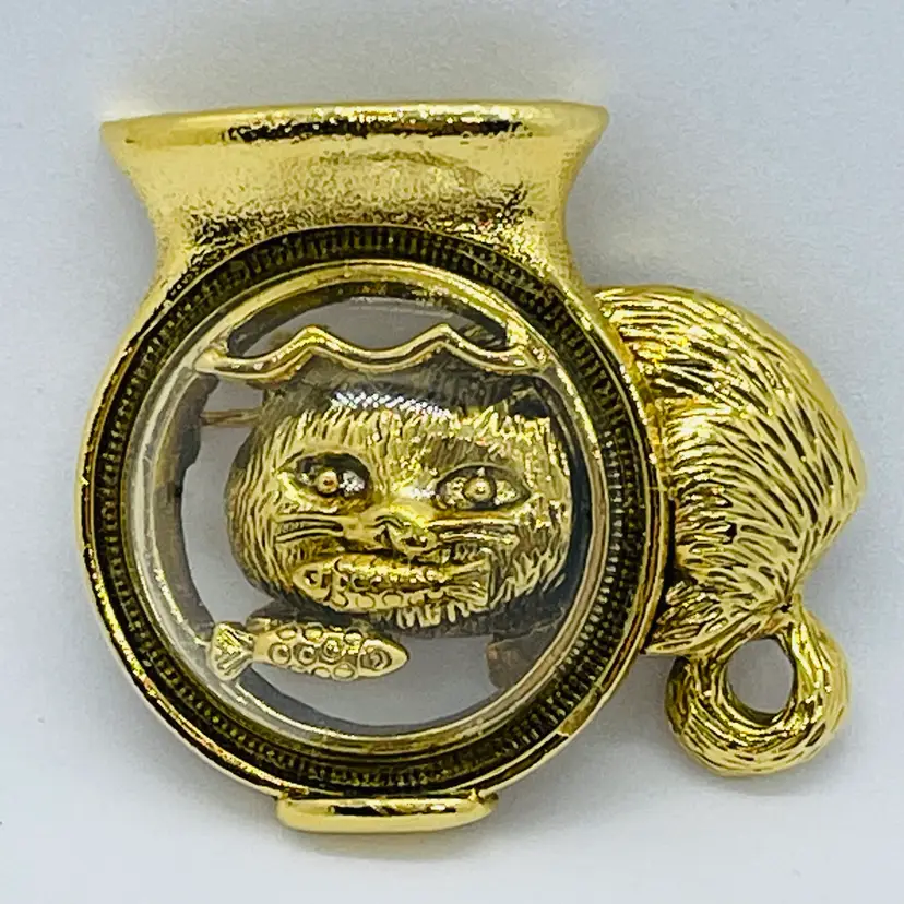 1928 Jewelry Kitty Cat Looking Through 3D Fish Bowl Pin Brooch 1.5”