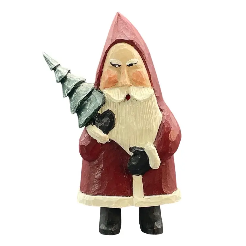 Santa with Tree Hand Carved Wooden Figurine VTG Primitive Christmas Signed