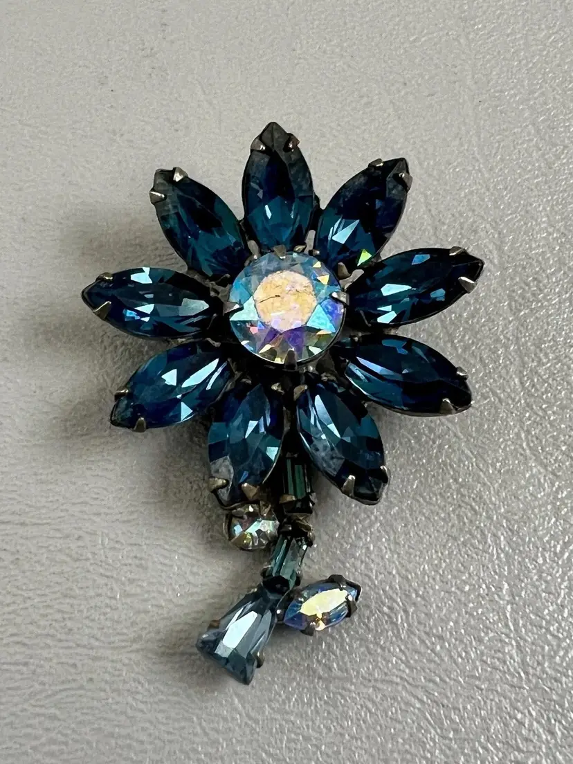 Vintage Blue Rhinestone Flower Brooch Pin Dangle AB Crystal Silver Tone