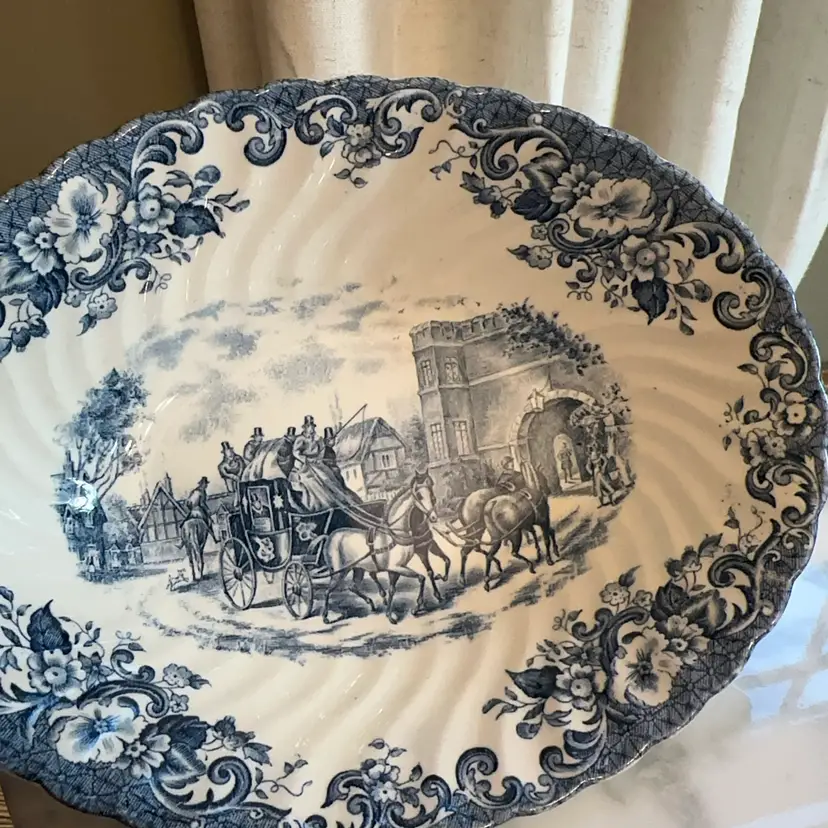🔔 Vintage Johnson Brothers "Coaching Scenes" Blue Ironstone Oval Vegetable Serving Bowl