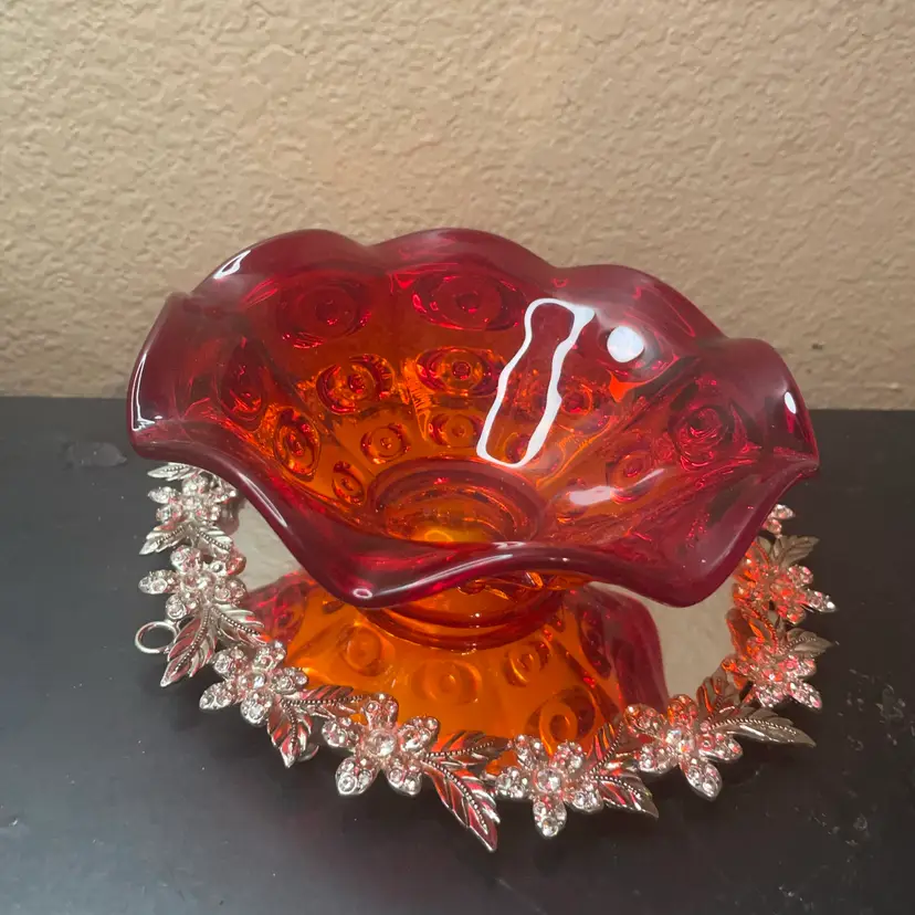 VTG LE Smith Moon & Stars Amberina 6” Ruffled Pedestal Bowl