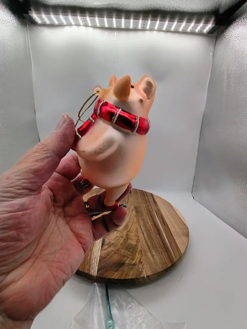 Gisela Graham Blown Glass Ice Skating Pink Pig Christmas Ornament.