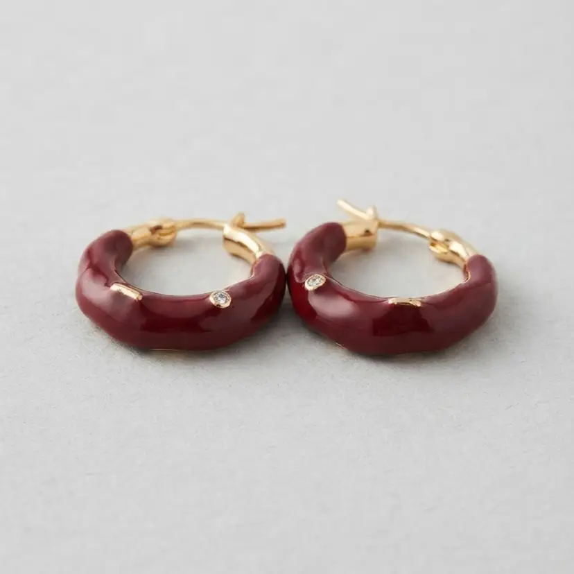 138. Vintage Burgundy Enamel & Crystal Accent Huggie Hoop Earrings