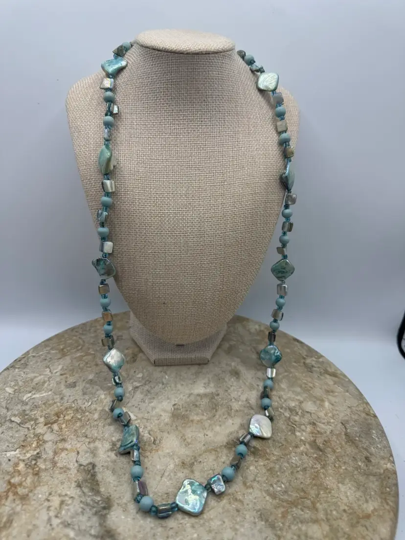 Vintage Iridescent Teal Abalone Mother-of-Pearl Multi-Way Long Strand Necklace (34" + 2" Extender)