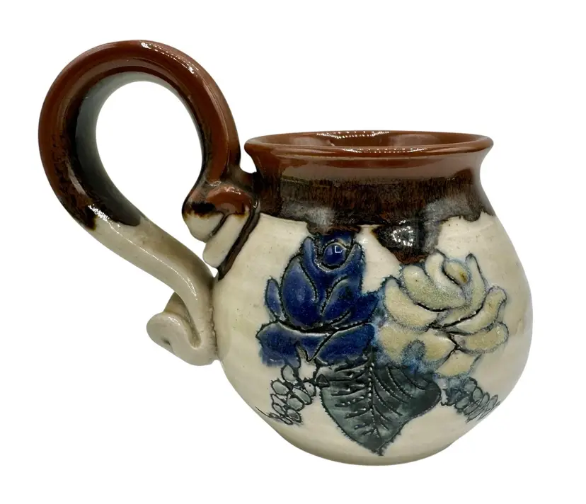 Signed Claybelly Vintage Studio Art Pottery Coffee Mug Floral Blue Rose White