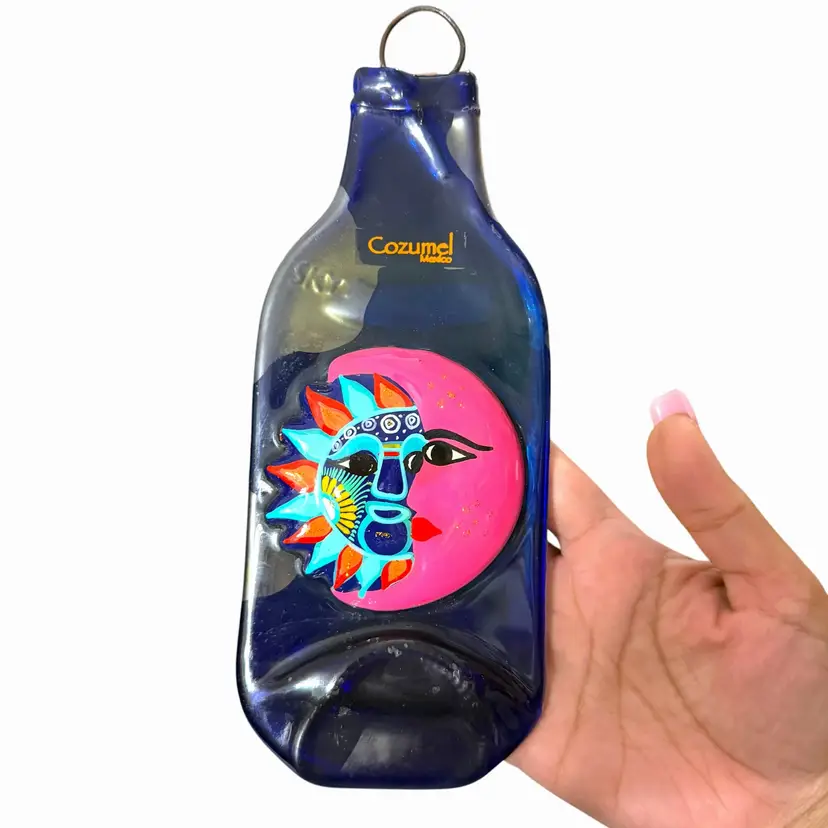 Vintage Flattened Skyy Vodka Bottle Wall Hanging with Fused Pottery Sun & Moon, Cozumel Mexico Glass Art, Upcycled Bottle Suncatcher
