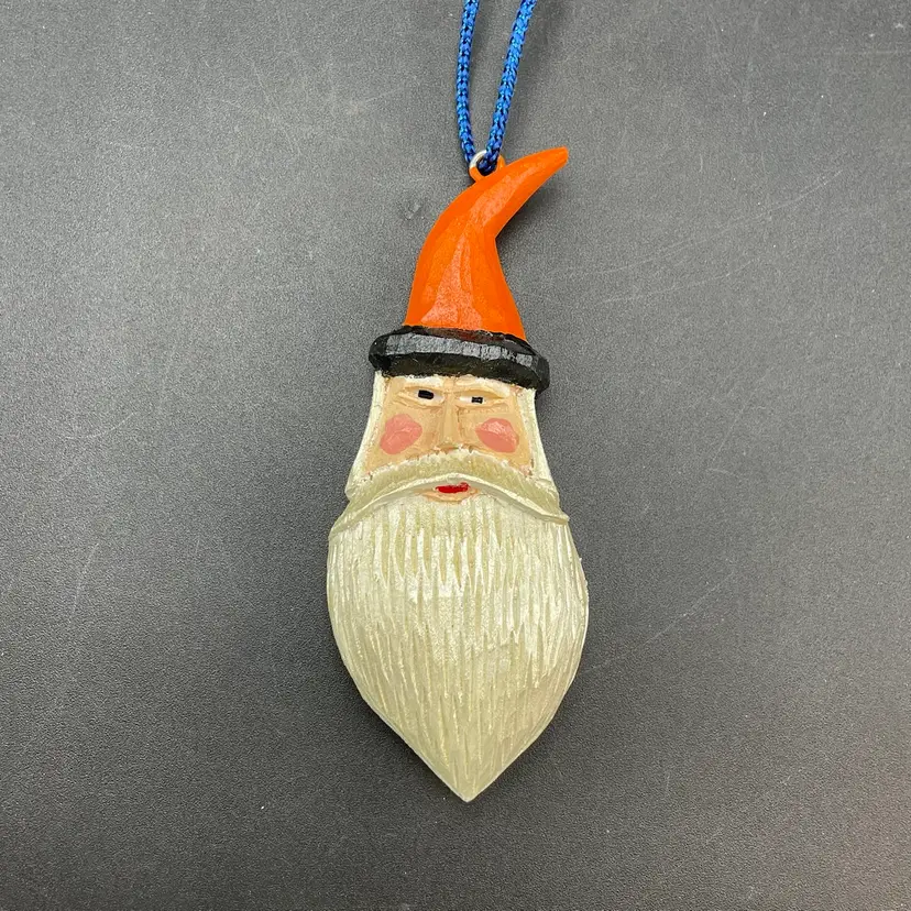 Carved Wooden Santa Head Orange Hat Christmas Ornament Primitive Handmade