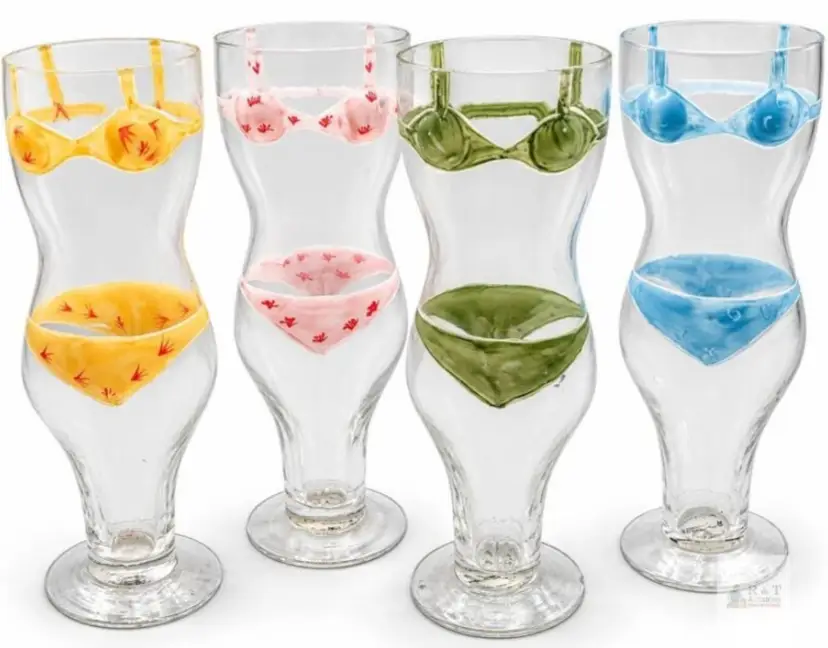 Two's Company FULL SET! 80's Bikini Girl Glass, 16 oz Capacity, Hand-Painted Design