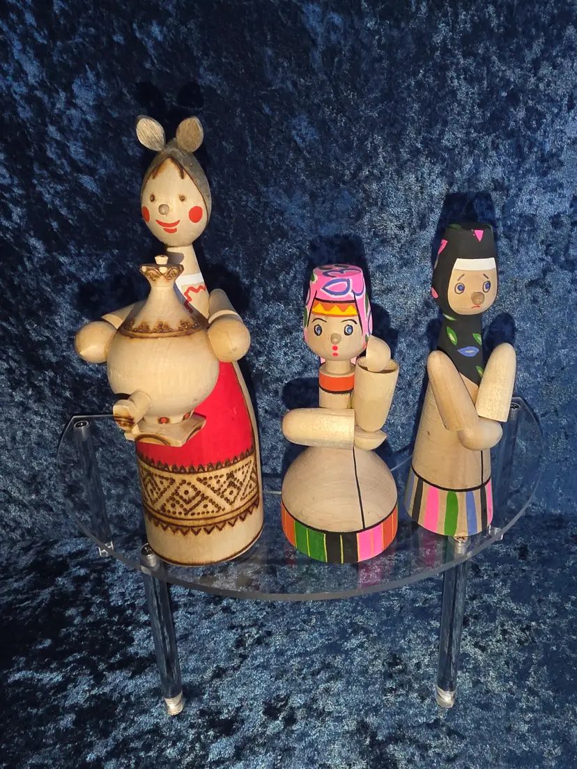 Vtg 1980s USSR Russian Beriozka Wooden Folk Art Dolls Kumushki Samovar Set Of 3