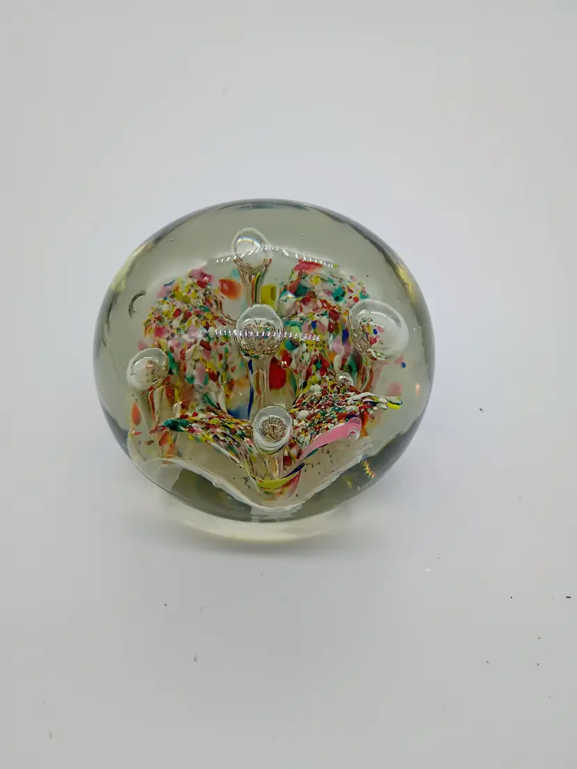 Antique Art Glass Paperweight Confetti/ Mardi Gras Frit Flower Controled Bubbles.