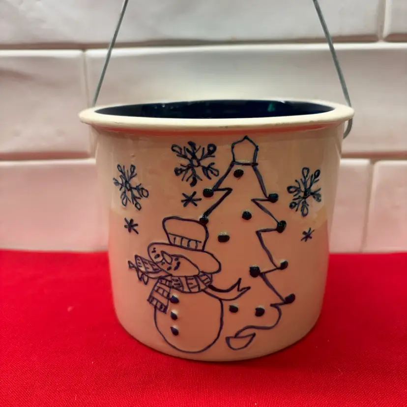 🎄Vintage Blue & White Christmas Crock Bucket - Snowman & Tree - Wire Handle