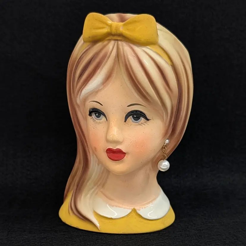 Vintage 1960 Napcoware Teen Head Vase Yellow Bow Pearl Earring C8493 5.25" Tall