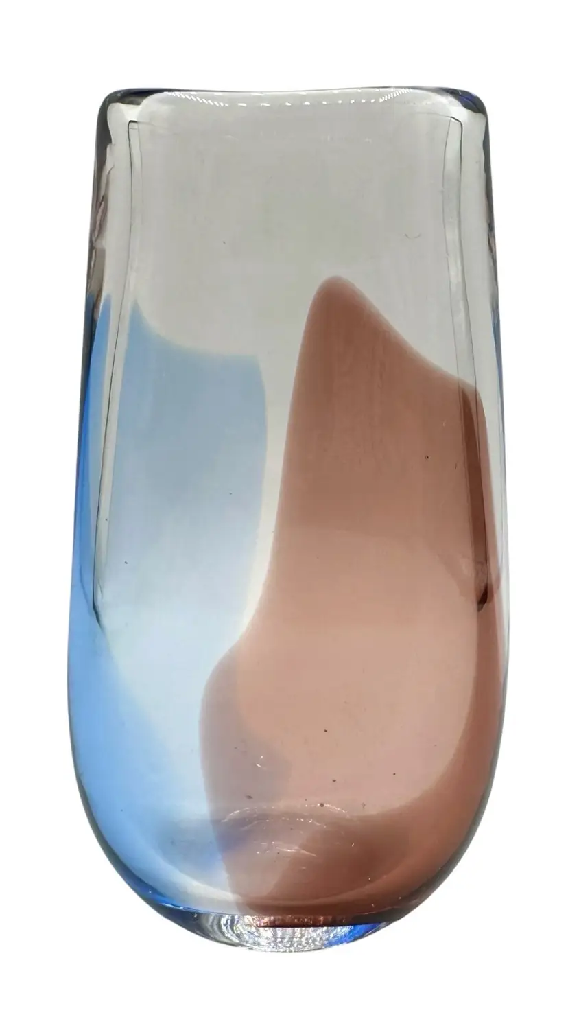 Signed Vintage Studio Art Glass Vase Clear Blue Brown Purple 5.75”