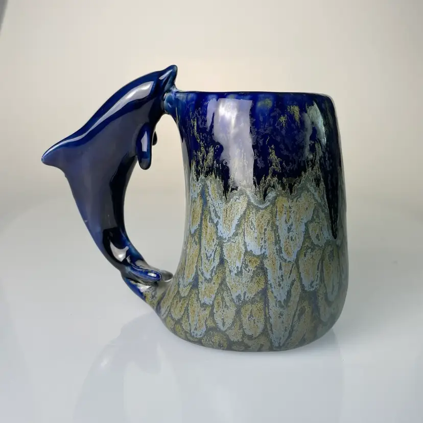 Doug Wylie Art Pottery Mug Dolphin Handle Cobalt Blue Drip Glaze San Francisco Vintage 5"
