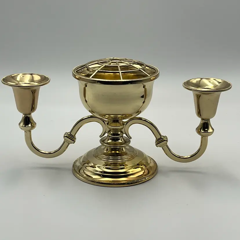 Brass Double-Arm Candleholder With Central Floral Bowl With Floral Frog