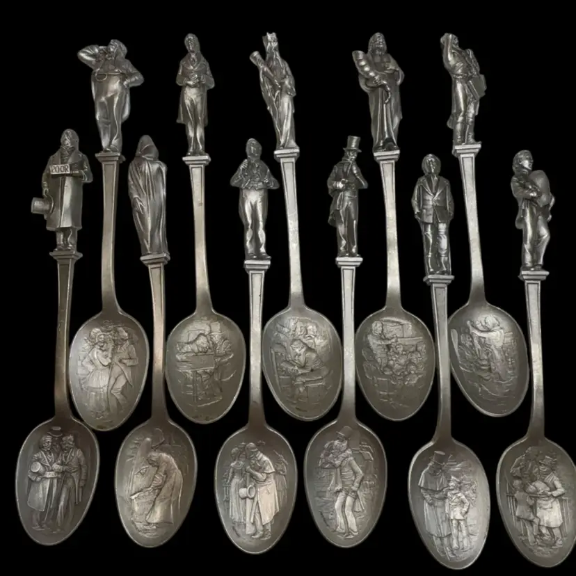 Sculpted By Philip Nathan - 11 vintage pewter collectible spoons from the Charles Dickens Christmas Carol Spoon Collection issued by the Franklin Mint in 1976. 7.5” Tall
