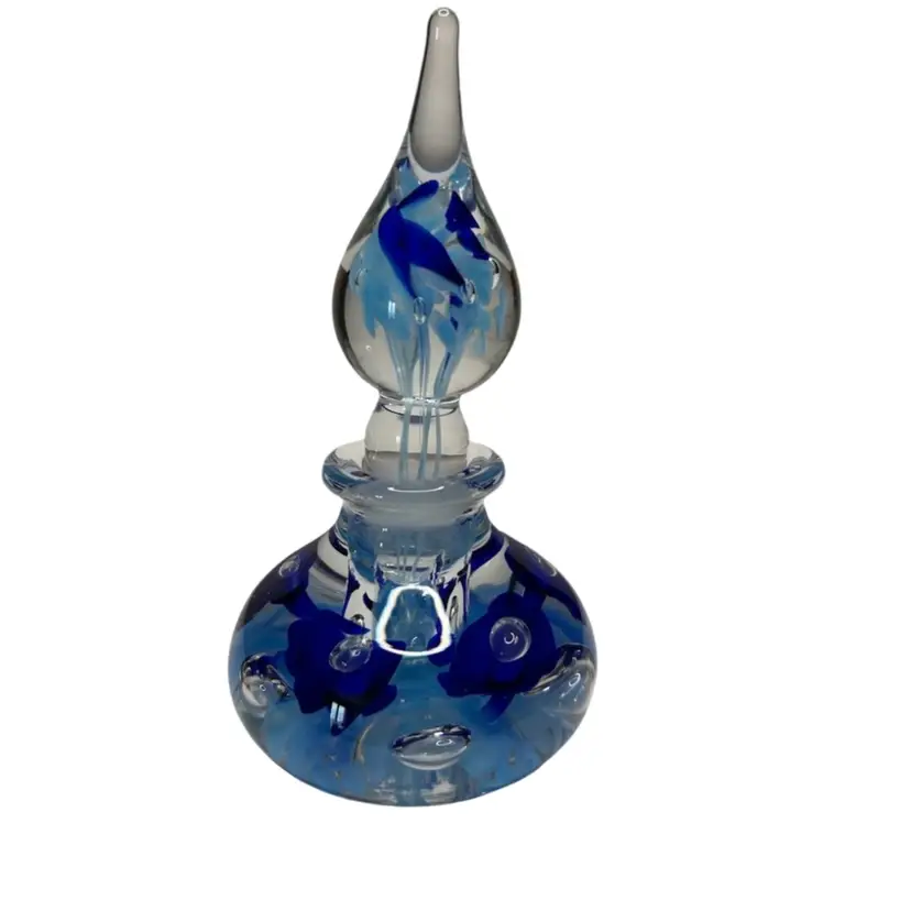 Vintage Gibson 1999 Royal Blue And Clay Blue Teardrop Shaped Stopper Perfume Bottle (very Small Flea Bite On Stopper) 
6 1/2” Tall