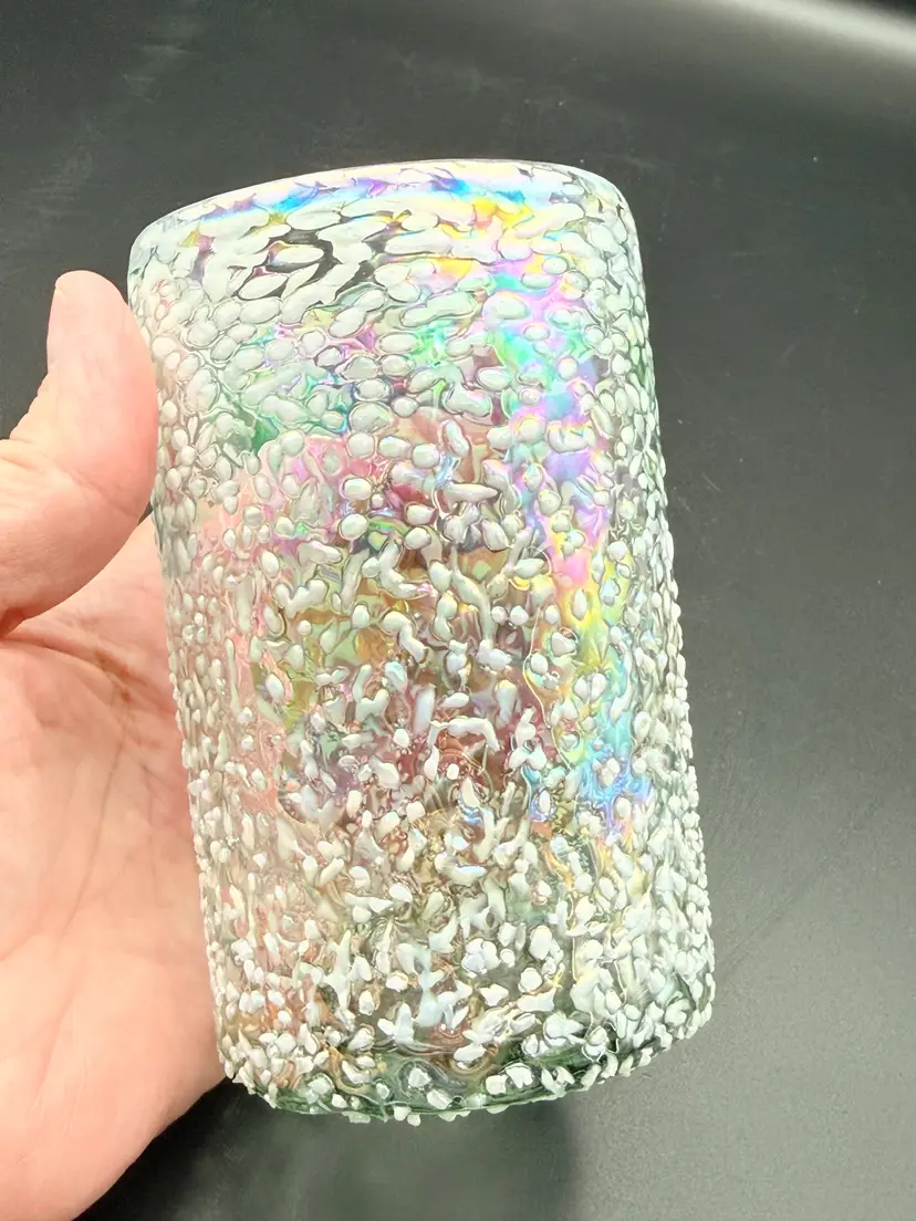 Recycled 5" Confetti Drinking Glass Hand Blown Tumbler White Pebble Iridescent