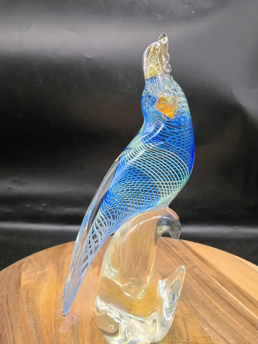 Murano Art Glass Parrot Cockatiel Bird Large Figurine Latticino Aventurine