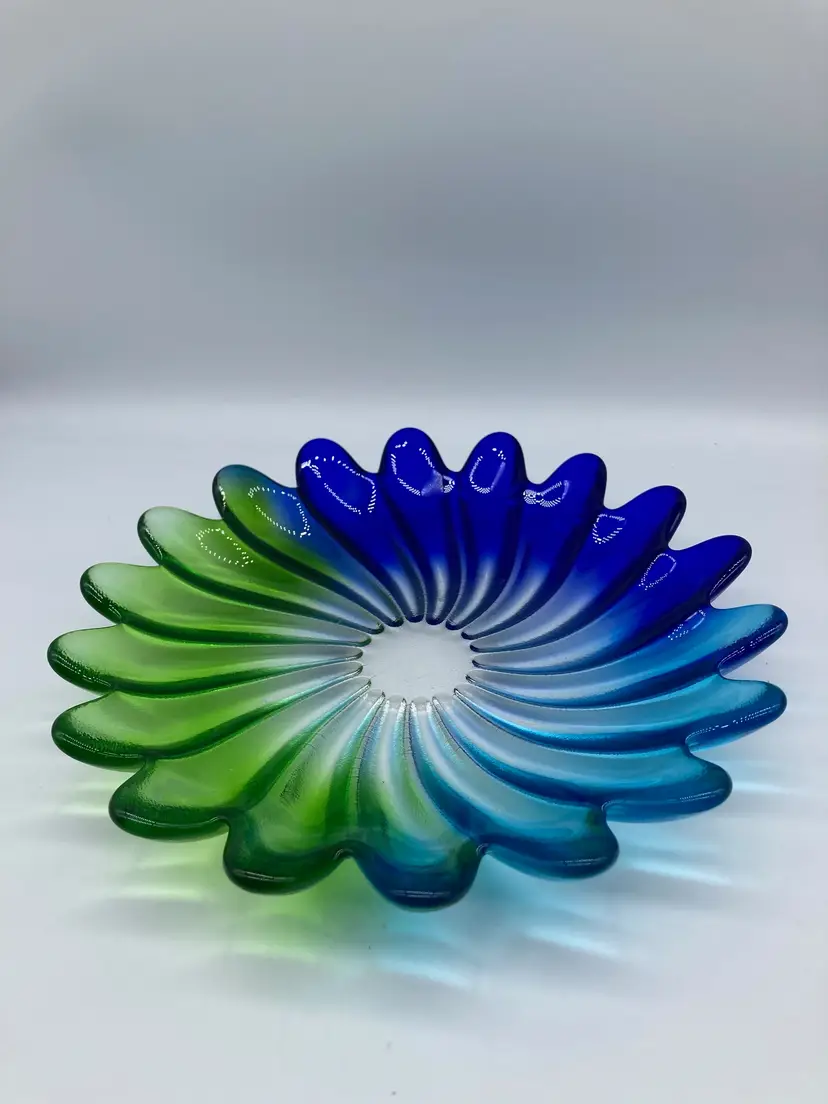 Large Walther Studio Nova Art Glass Plate: Blue Green Gradient Rippled Sunburst Style