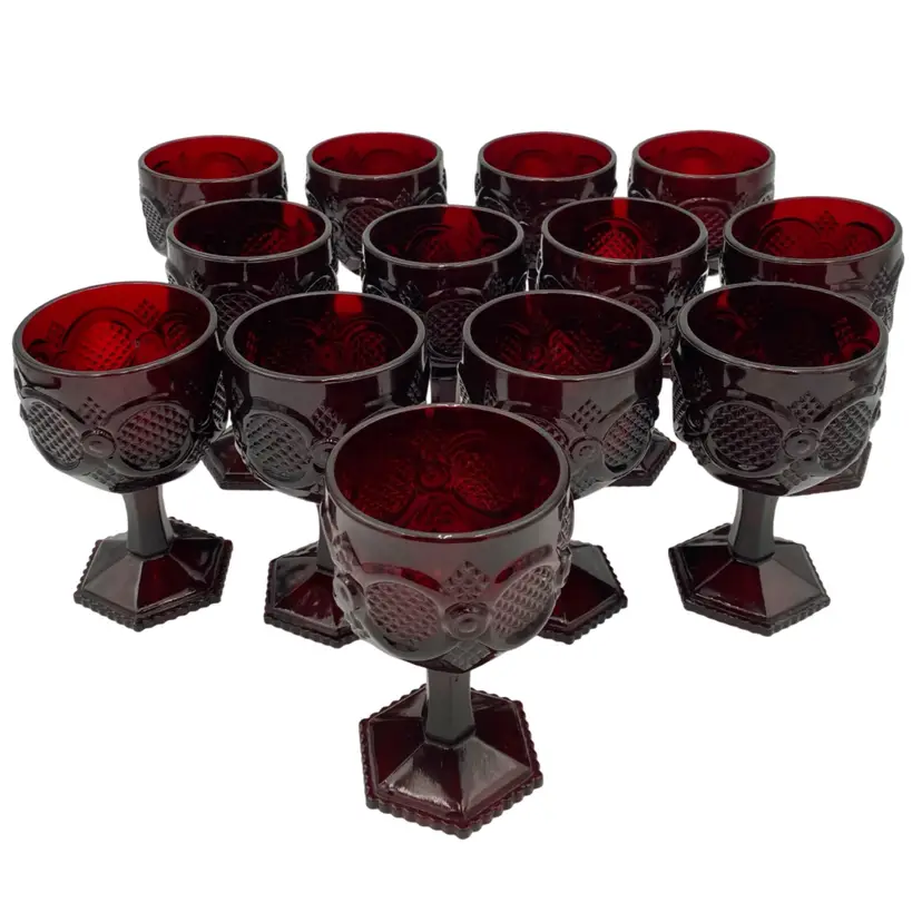 Set of 11 - Vintage Avon 1876 Cape Cod Ruby Red Large Water Goblets, 6”, Embossed