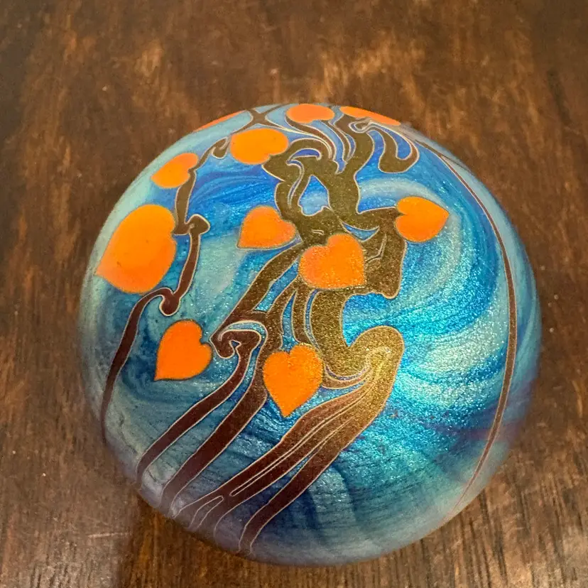 Lundburg Studios 1974 Orange Heart Iridescent Signed Paperweight