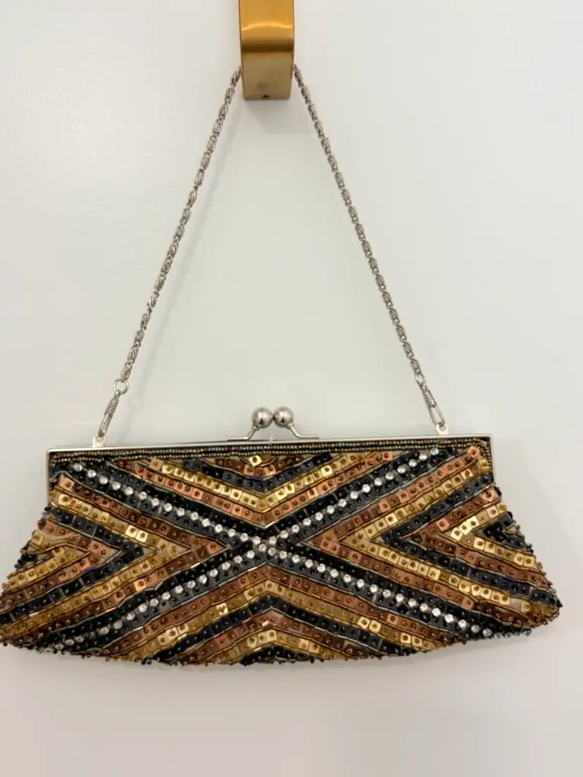 Geometric Metallic Chevron Beaded Evening Bag Handbag-Kiss Lock- 11” X5”