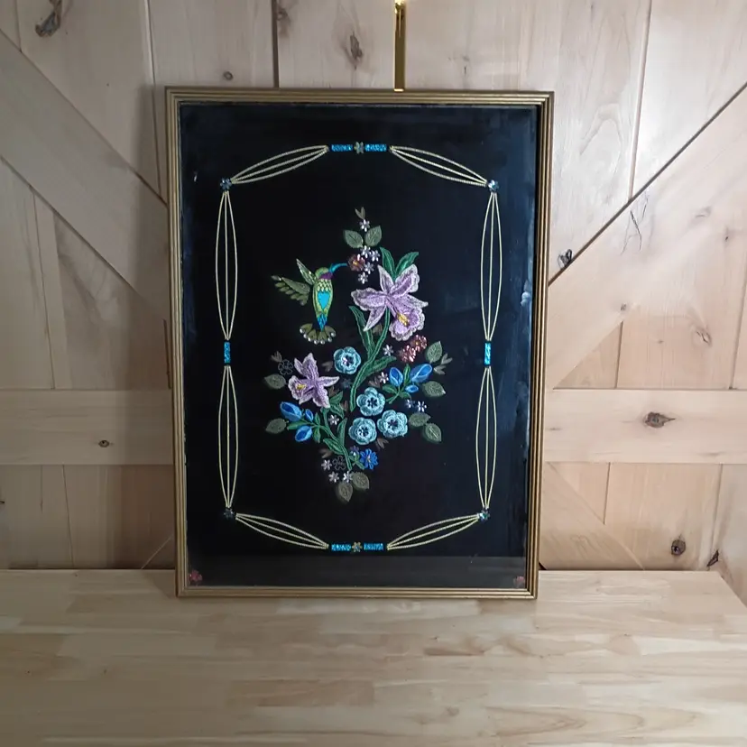 Vintage framed embroidery art, hummingbird and flowers