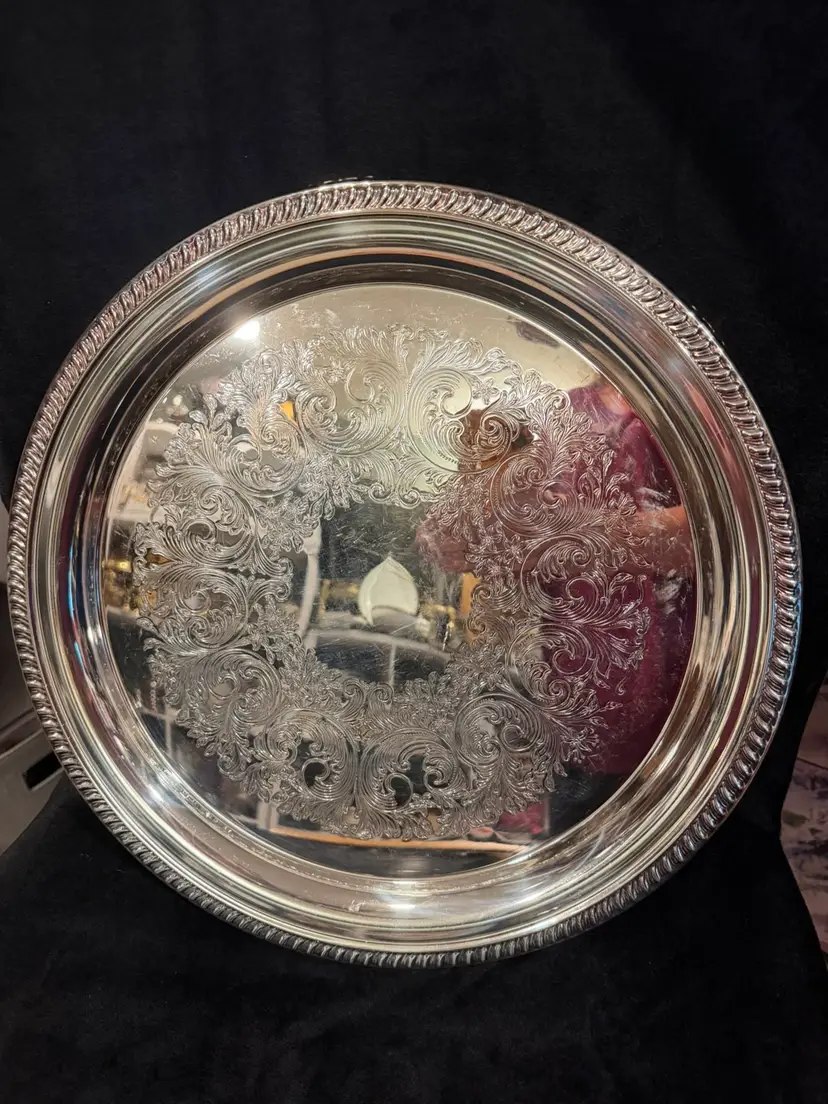 Vintage Sheridan Round Silverplate Serving Tray 16" Taunton Silversmiths Ornate serving Platter